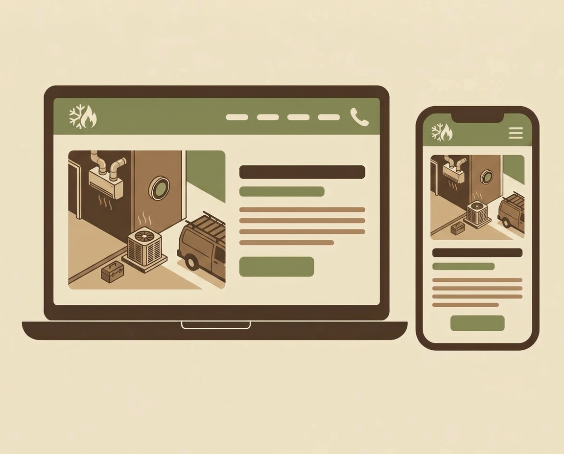 A sample heating and cooling business website shown on a laptop and a phone